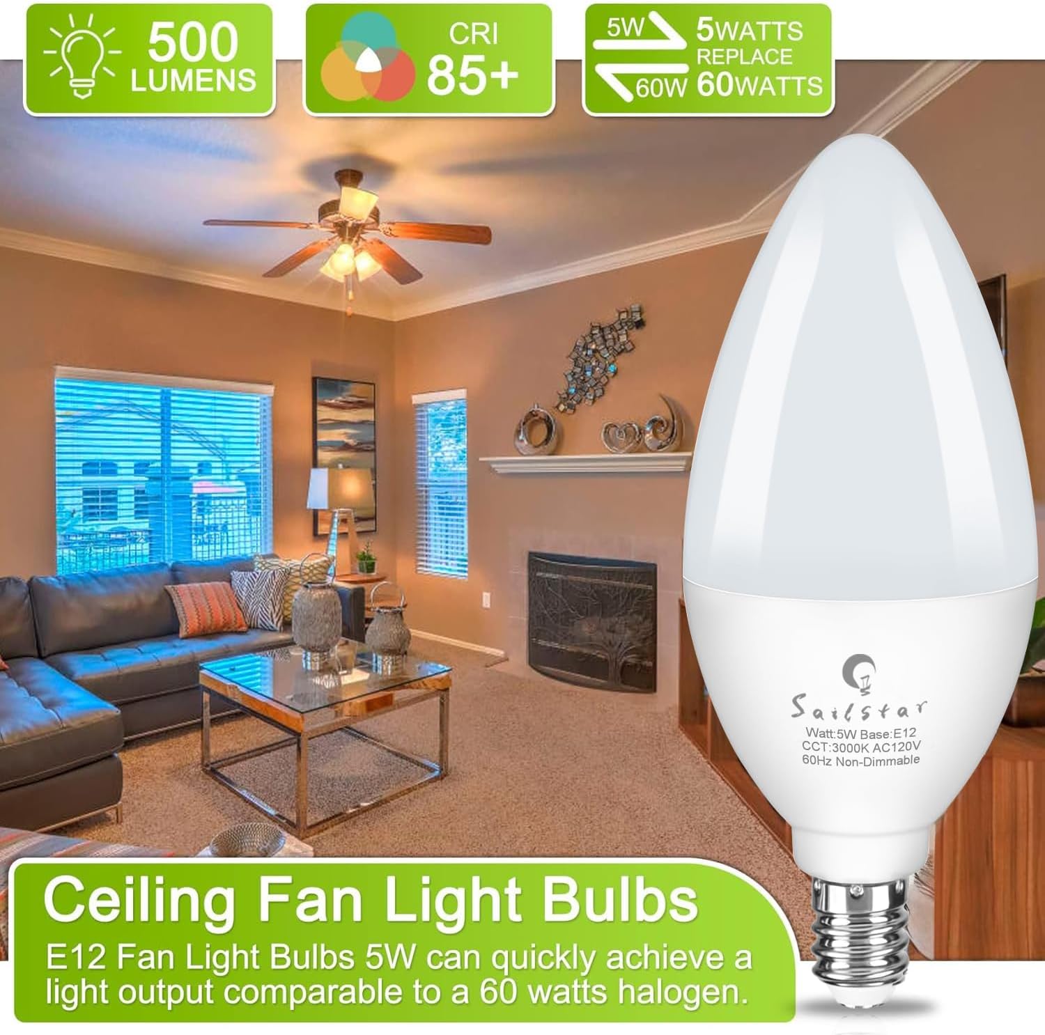 Sailstar Light Bulbs 60 Watt Equivalent, E12 Candelabra LED Light Bulbs, 3000K White, 500LM Ceiling Fan Light Bulbs, B11 Type B Bulb, Small Base Chandelier Light Bulbs 5W, CRI 85, Non-dimmable, 3 Pack