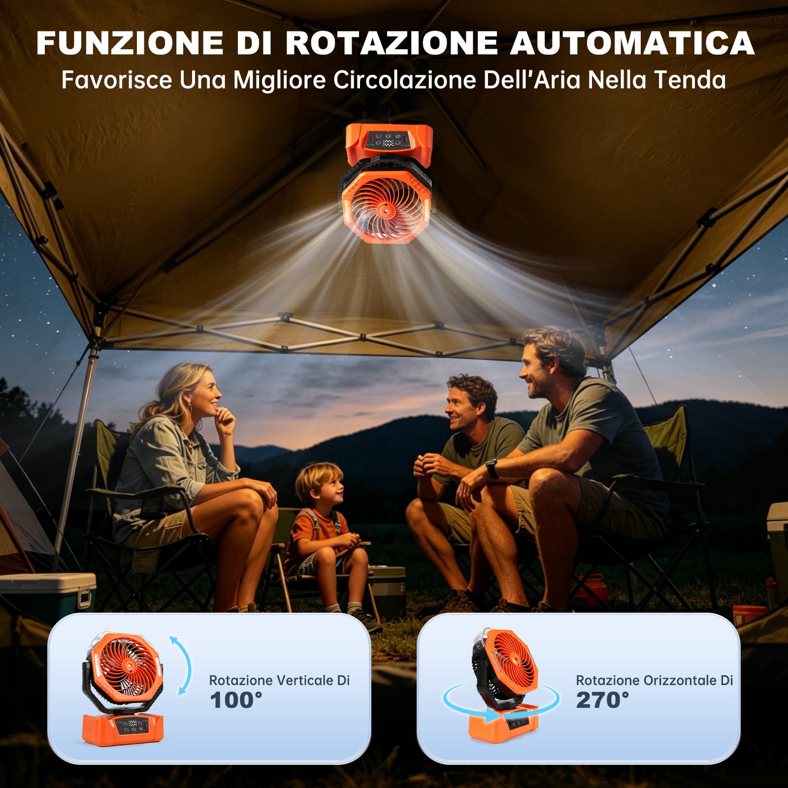 JONRRYIN Ventilatore da Campeggio 20000mAh, Ventilatore Ricaricabile con Nebulizzazione USB, Ventilatore da Tavolo con 6 Modalità Luce, 6 Velocità, Rotazione 270°, per Camper e Tenda