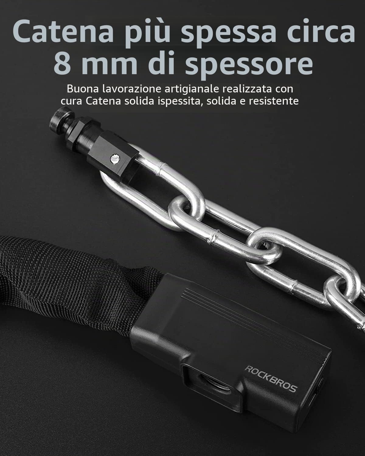 ROCKBROS Catena Bici Antifurto, Lucchetto a Catena in Acciaio, per Bicicletta MTB Moto Scooter E-bike, con Chiavi, Antitaglio Sicuro, 97cm x 8mm