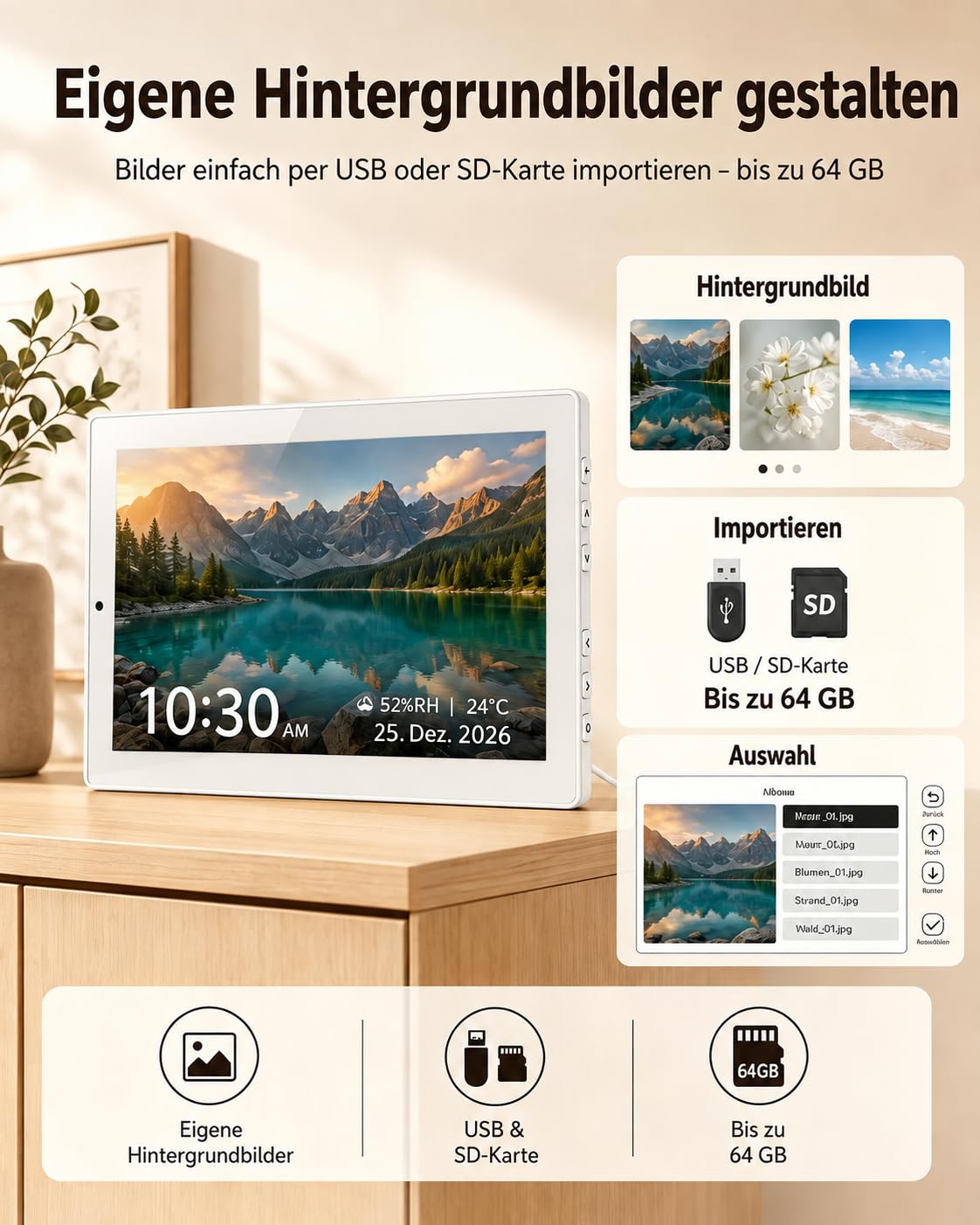 Roxicosly 10.1' Digitaler Kalender, Digital Uhr mit 20 Alarmen & Erinnerungen, 12 Themen, 12/24HTemperatur & Luftfeuchtigkeit, Dimmbar & 6 Sprachen, DST, USB & SD, Wecker Digital für Senioren