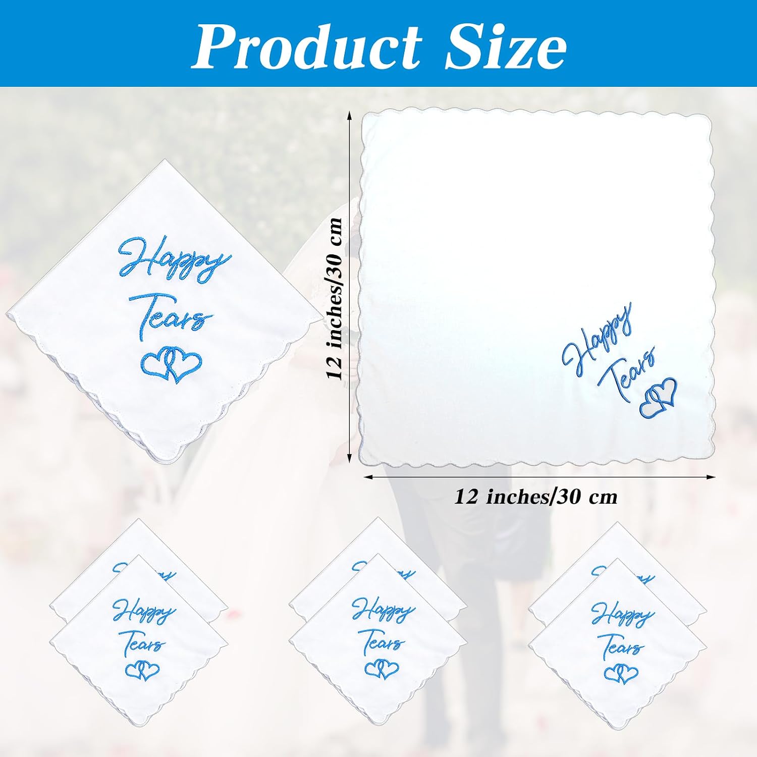 6 Pcs Happy Tears Handkerchiefs Wedding Handkerchiefs 12 Inch Embroidered Handkerchief Cotton Hankies, Perfect Keepsake for Bride, Groom, and Guests