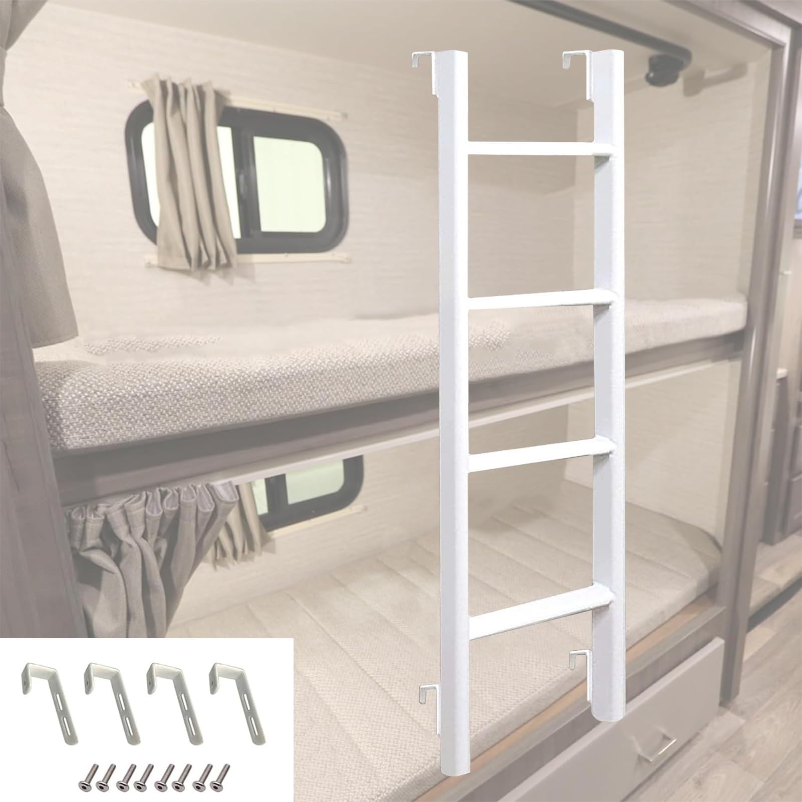 Escalera blanca de metal para litera de caravana con ganchos ajustables de 4 y 5 peldaños