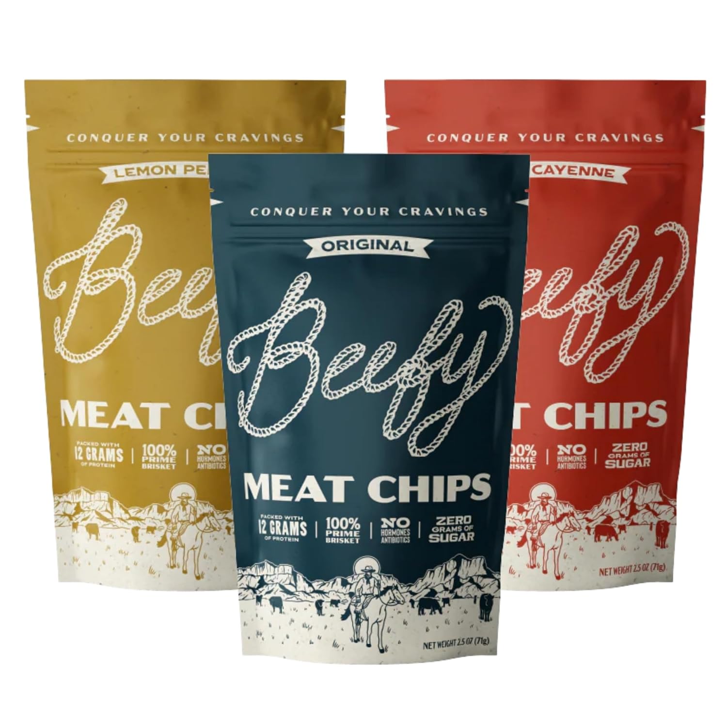 Beefy Meat Chips Variety Pack | 13g Protein Per Serving, Prime Brisket Jerky Chips with Real Salt | High Protein Low Sugar Snack | Carnivore Diet Friendly | 2.5 oz. Bags, 3 Pack