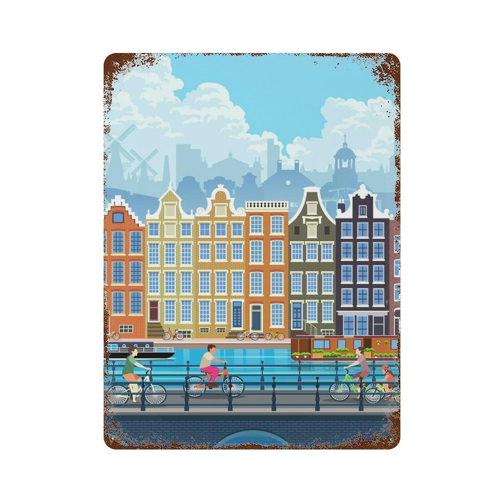 Decorative Tin Sign with Amsterdam Travel Print Design 15.7"x11.8", for Garage, Bar And Workshop Decor, Farmhouse Wall Decor