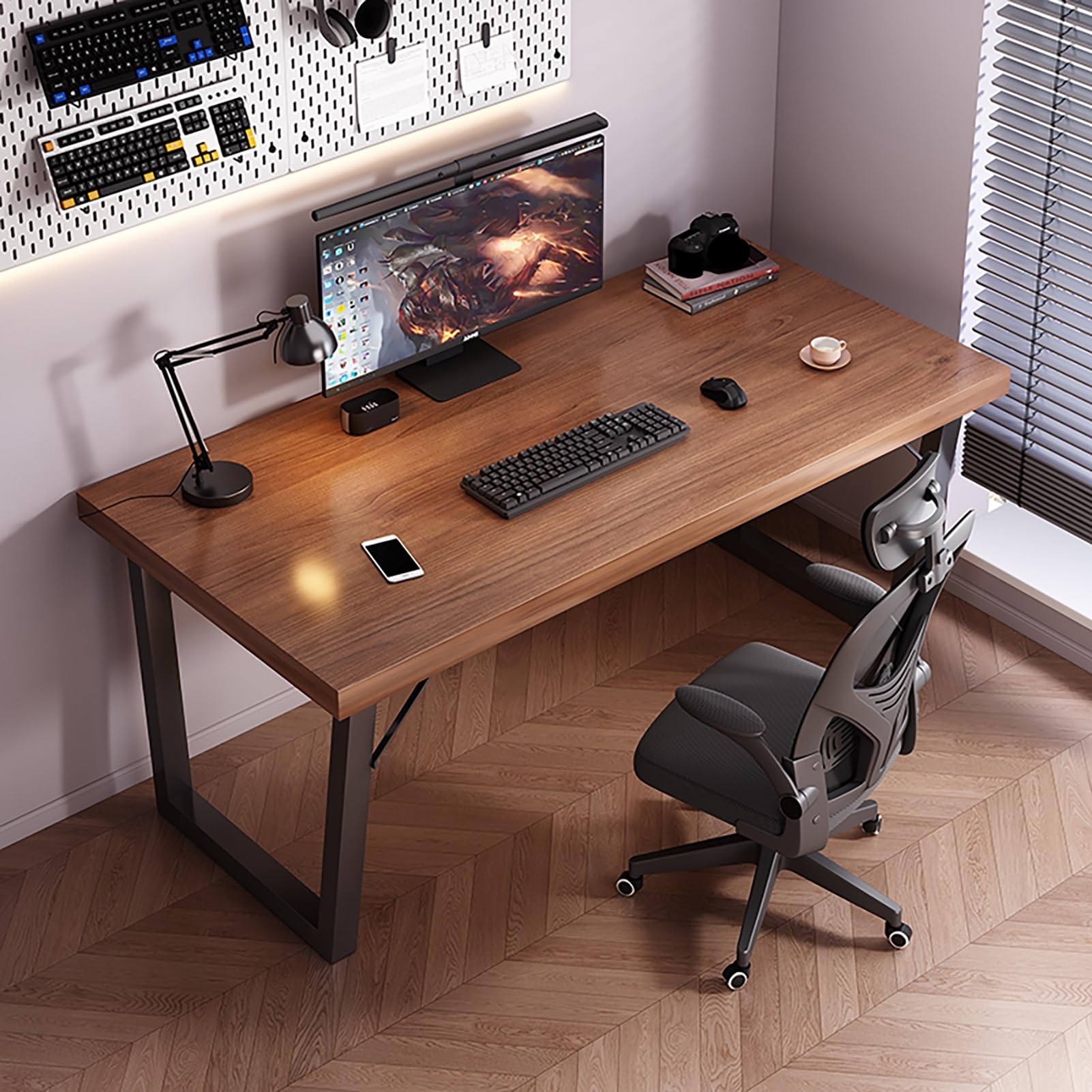 Bureau d'ordinateur industriel marron 100x61 cm en bois et métal