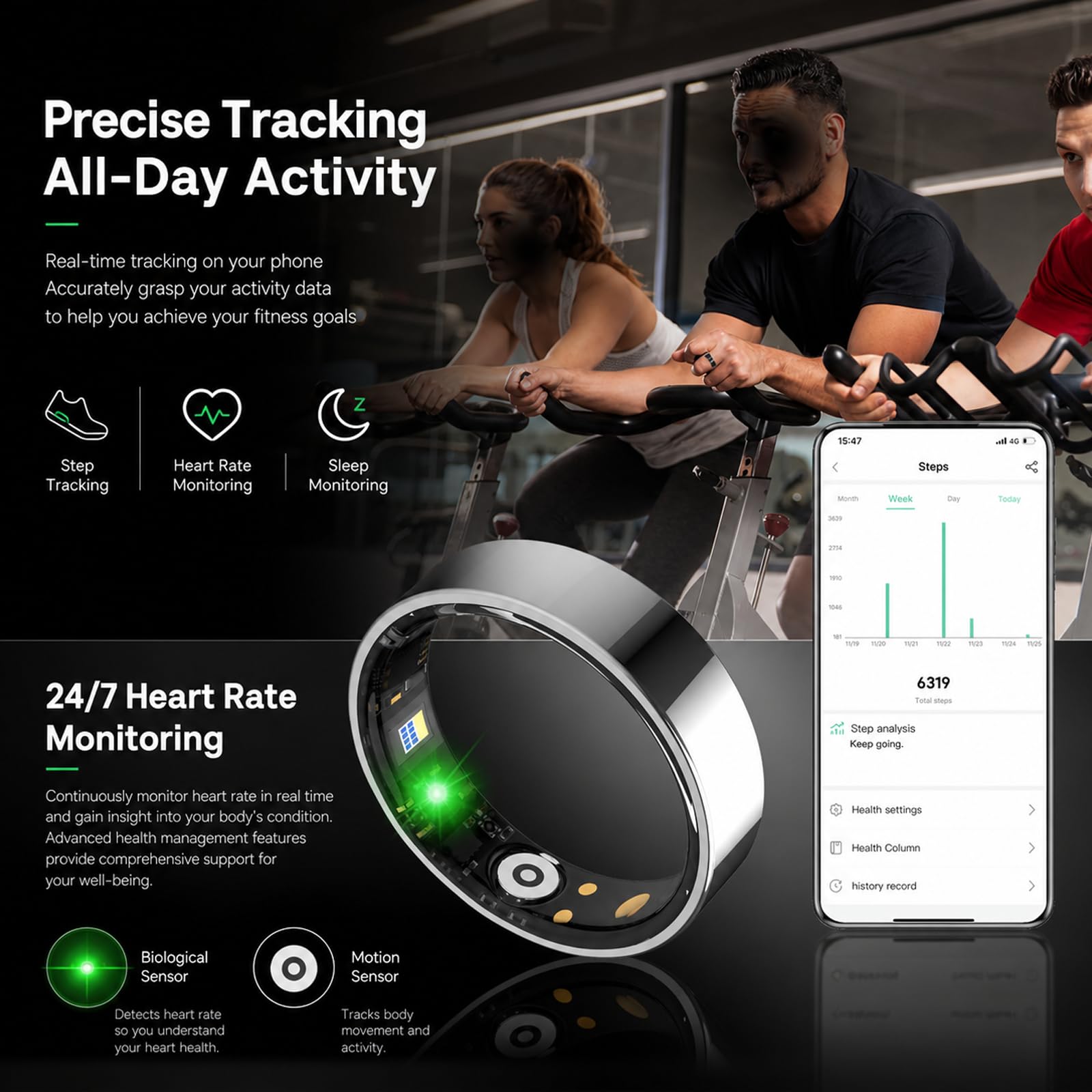 Anillo De Salud Inteligente para Mujeres Y Hombres, Seguimiento Continuo Y Multidimensional De Datos Corporales, Soporte para Monitoreo del SueñO, Conteo De Pasos Black-13