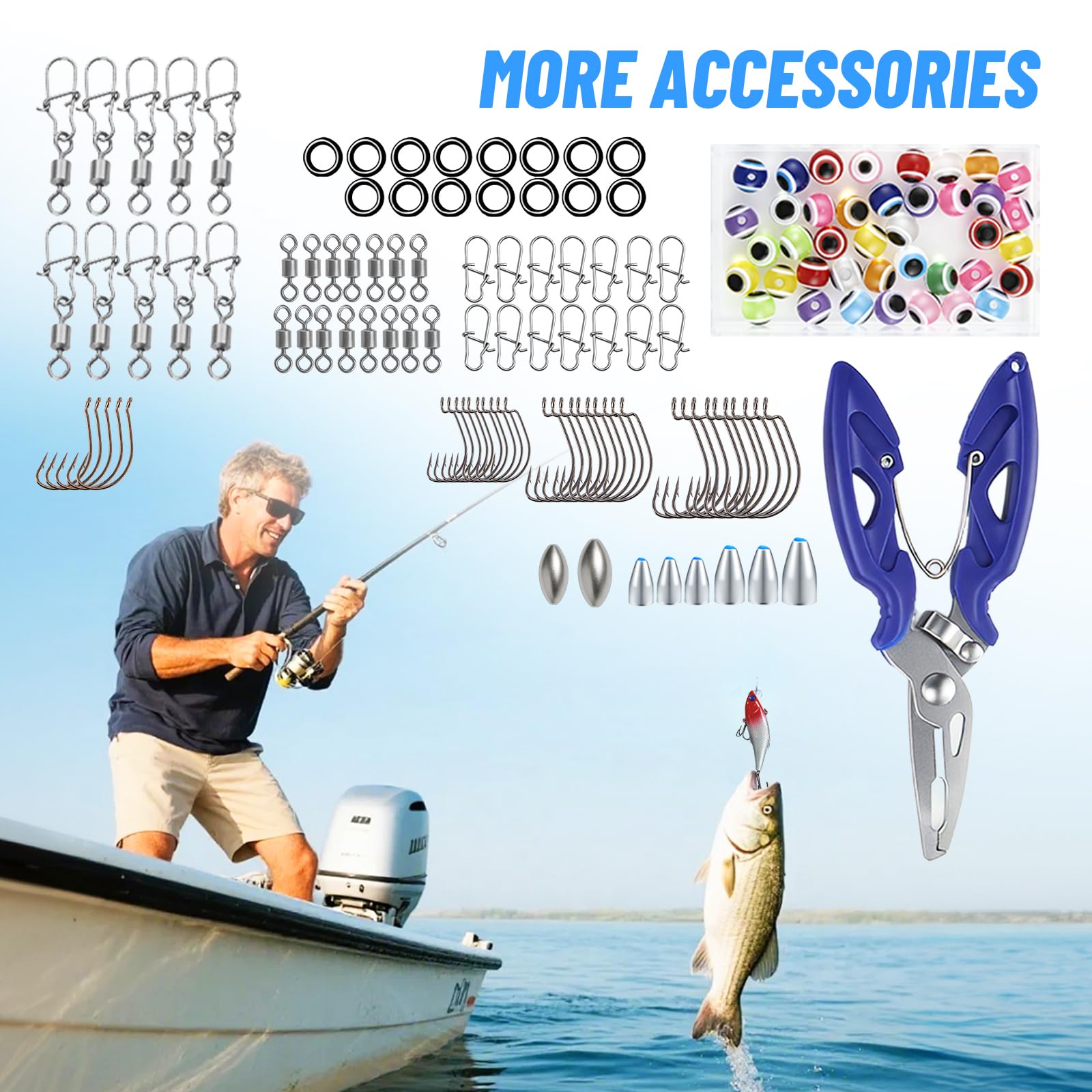 Juego de accesorios de pesca de 332 piezas, maletín con 2 estantes, con cebos, pesos de plomo, ganchos, pinzas para pesca, equipo de pesca en agua dulce y salada, regalo para pescador — view 8
