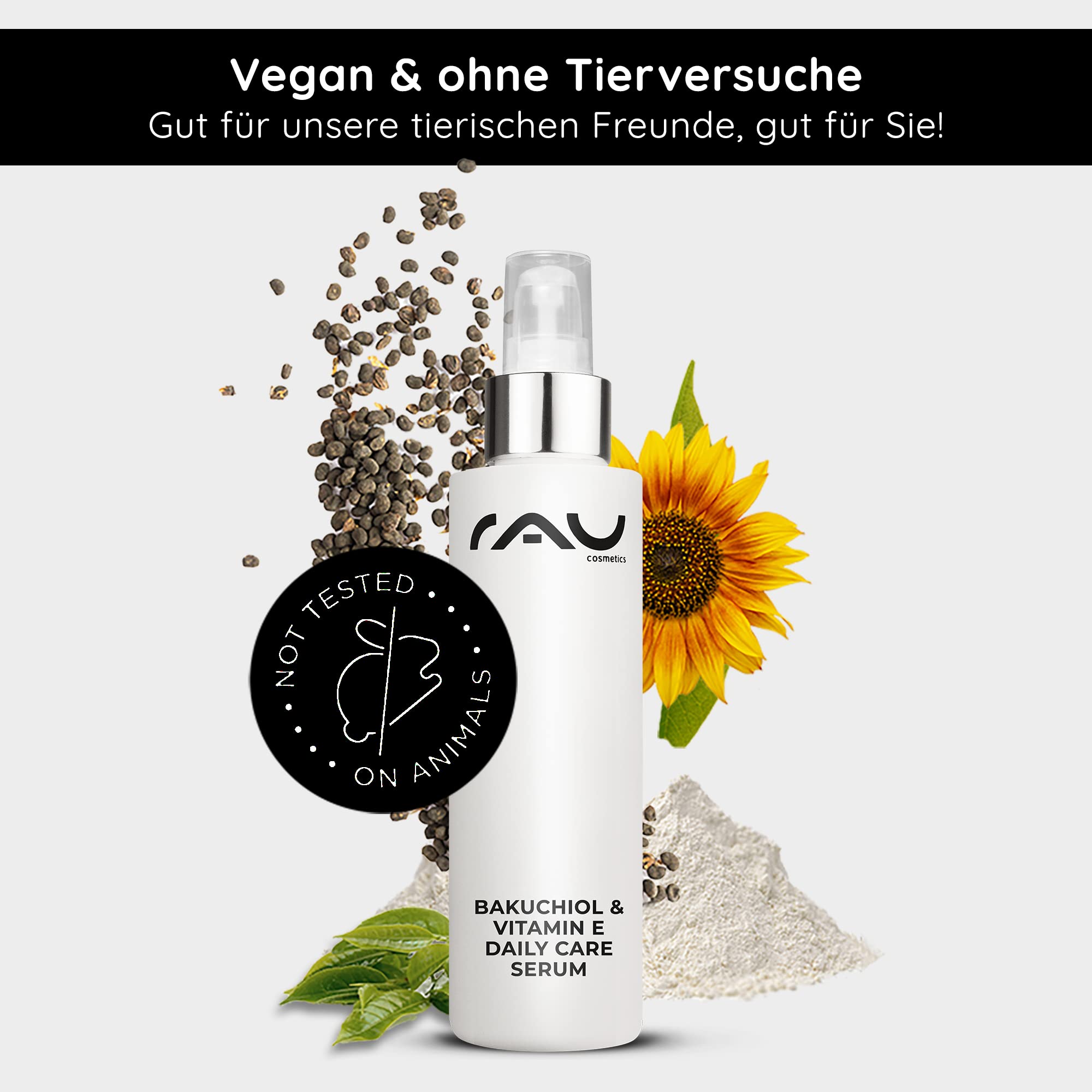 RAU Cosmetics Bakuchiol Vitamin E Serum 100ml - Anti-Aging Gesichtsserum mit pflanzlicher Retinol-Alternative - Feuchtigkeitsserum mit Squalan Bisabolol für alle Hauttypen - Made in Germany