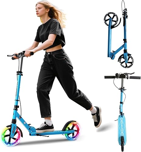 Patinete para niños de 8+ años, adolescentes y adultos, con freno de mano delantero y freno trasero, y manillar ajustable, ruedas grandes y