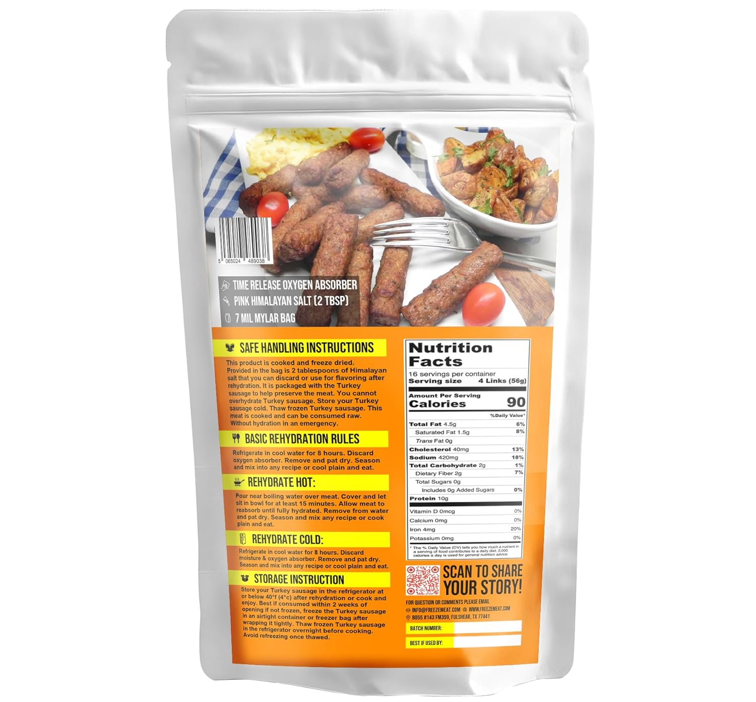 Freeze Dried Turkey Sausage, 30+ Year Shelf Life 10 Pieces | Family Pack | Equivalent to 2 lbs.
