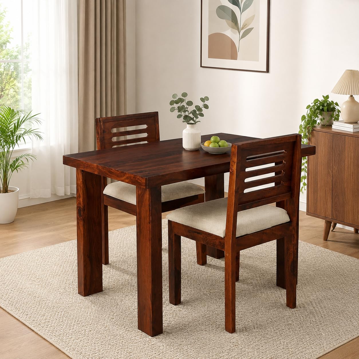 solid sheesham wood dining table with two chairs | handcrafted hardwood dining set for home & dining room | finish color - natural teak finish | ideal for small spaces |