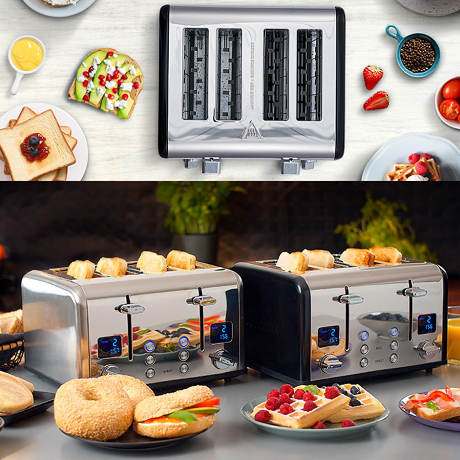 Tostapane In Acciaio Inox, Timer Per Il Conto Alla Rovescia, Funzioni Bagel/Scongelamento/Riscaldamento/Annullamento, Griglia Scaldavivande, Vassoio Rimovibile