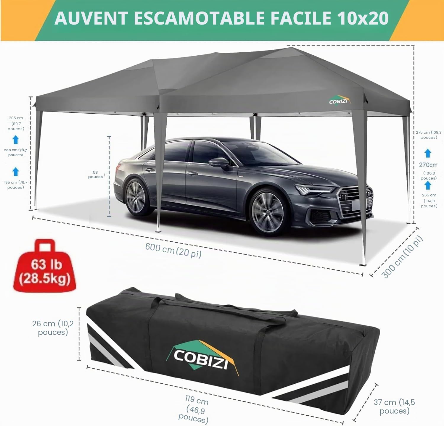 COBIZI Tonnelle Pliante 3 x 6 m étanche et Stable - Tente de réception d'extérieur 3 x 6 m avec 6 parois latérales - Anti-UV - pour Mariage, extérieur, Jardin, fête, marché (Gris)