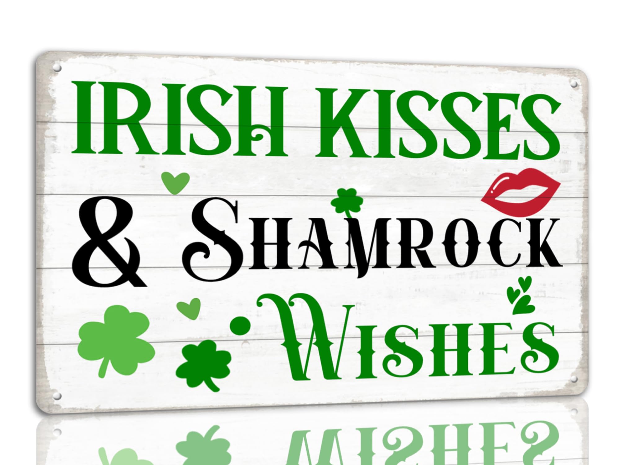 SMAZDFXX St Patrick's Day Tin Sign Irish Kisses And Shamrock Wishes Metal Signs Irish Holiday Decor Green Shamrock Lucky Clover Wall Hanging Decorations For Home Kitchen Office 12"x16"