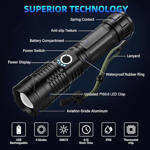 Miniatura 8 de Sigoobal Linternas recargables de alto lúmenes, 990000 lúmenes, linterna brillante, potentes linternas con 5 modos para exteriores, paquete de 2