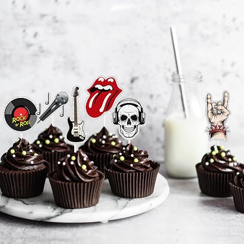 Miniatura 4 de Decoración para cupcakes de postre Rock and Roll, 18 piezas de decoración de pastel de cumpleaños con temática musical retro de los años 80