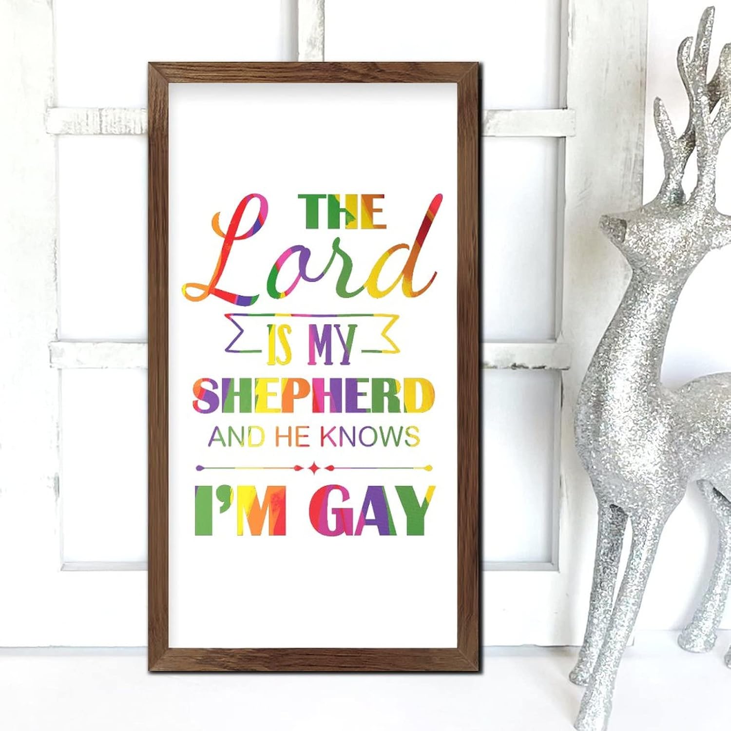 LGBT Pride Wood Framed Signs The Lord is My Shepherd and He Knows I’m Gay Wood Plaque Sign Retro Pride Bisexual Wood Decor Farmhouse Wall Hanging Plaque for LGBTQ Queer Gay Lesbian 22x12 in