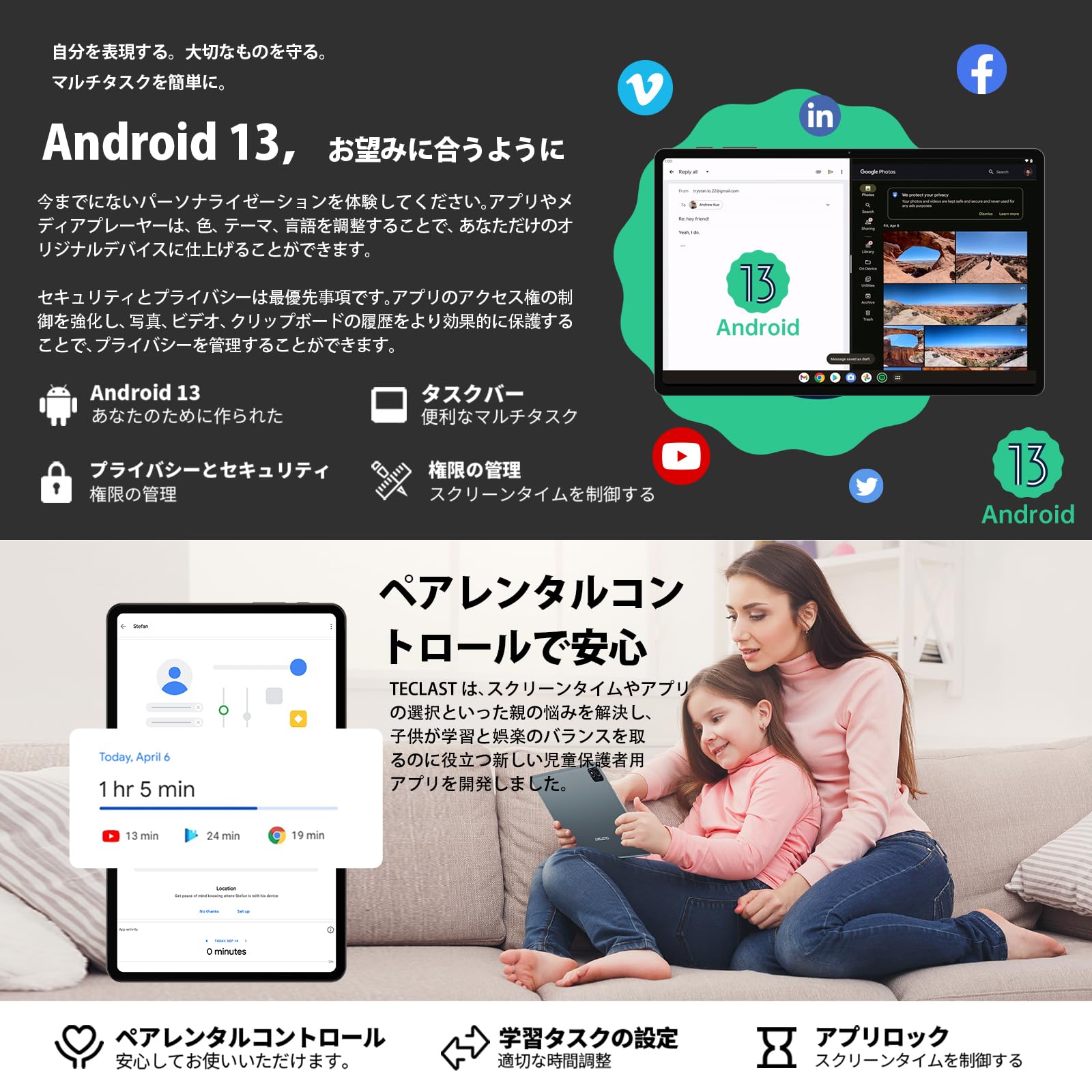 Amazon.co.jp: TECLAST T50 Android 13 タブレット11インチ 16GB RAM+