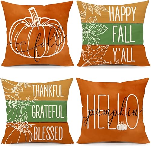 4TH Emotion Juego de 4 fundas de almohada de otoño de 20 x 20 pulgadas, decoración de granja de calabaza con diseño de hojas naranjas para