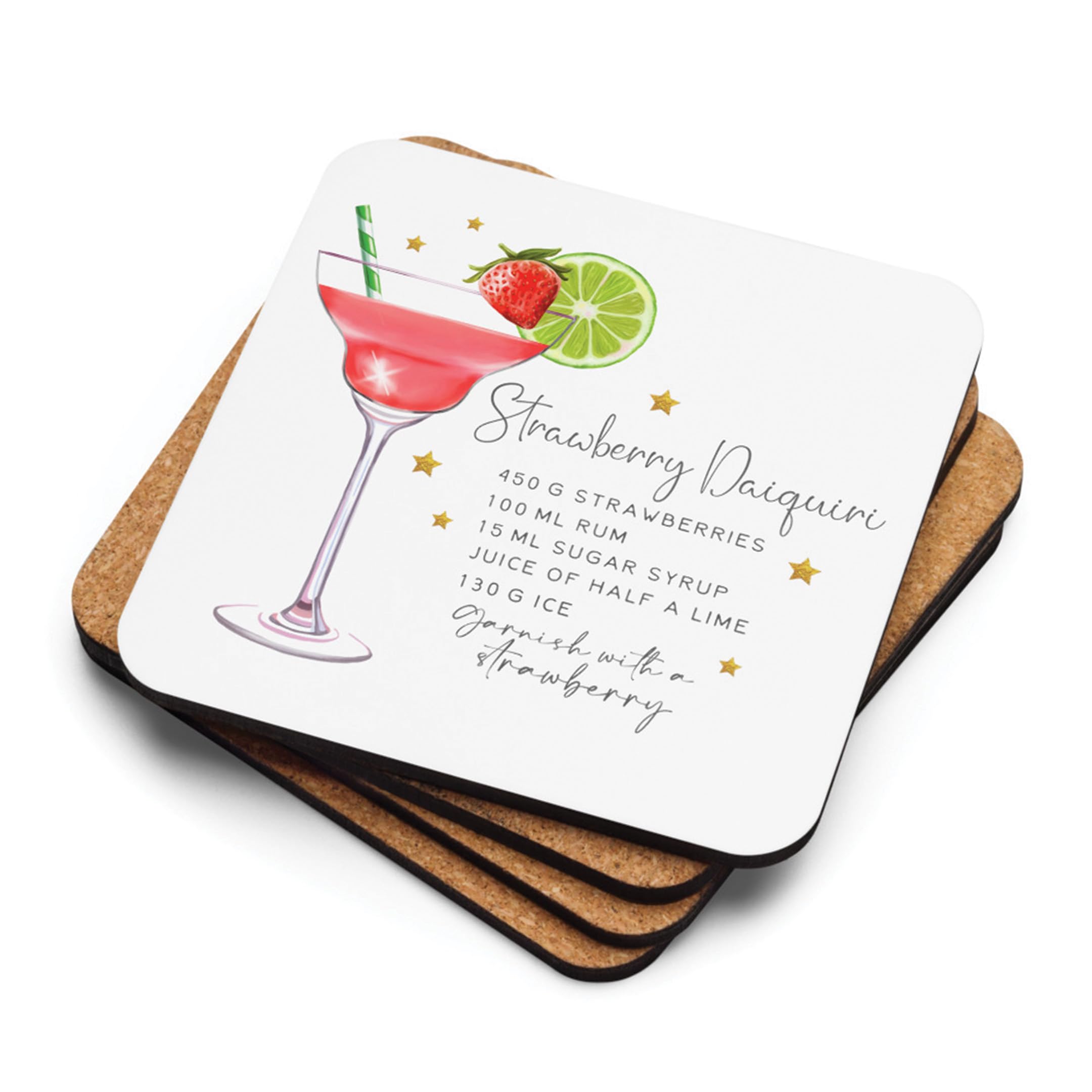 Just Printed Cocktail Recipe Coaster | Strawberry Daiquiri Cocktail Recipe | 90mm Square Gloss Finish Cork Base