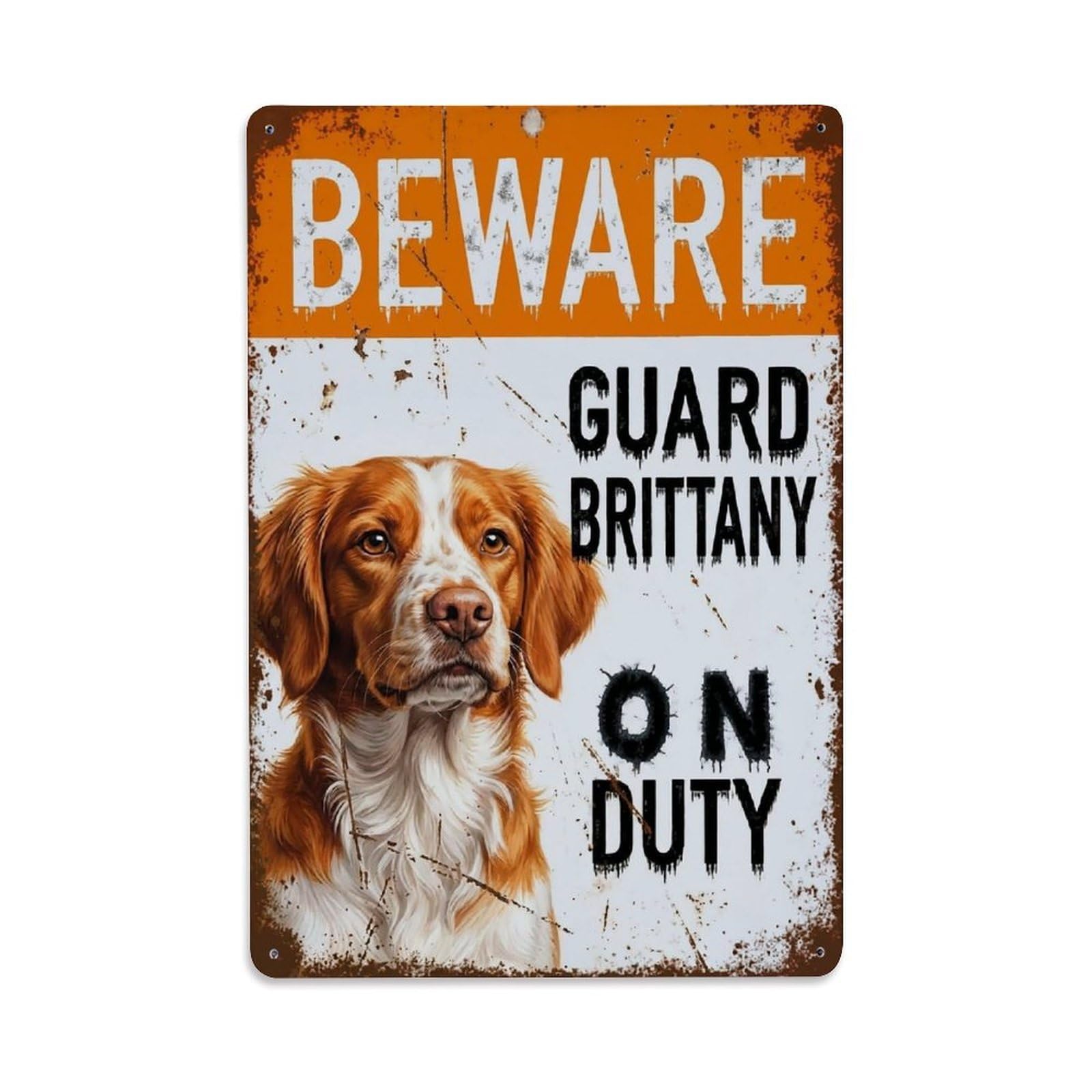 Vintage Funny Brittany Guard Beware of Dog Landing Metal Tin Sign Plaque Wall Decor for Cafe, Club Bar, Office, Garden Metal Poster 8x12Inch
