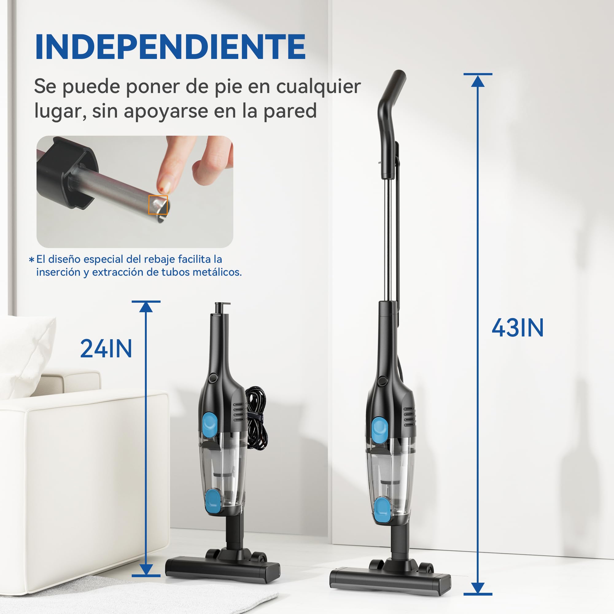 Aspiradora con Cable, Aspiradora Escoba con Cable Potente 20Kpa 600W, 3 en 1 Aspirador de Mano con 5m Cable, Aspirador Vertical Ligero Anti-Enredos para Alfombras de Pelo de Mascotas Pisos Duros