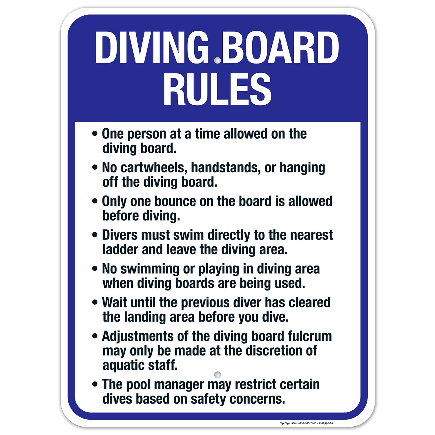 Diving Board Rules Sign, 18x24 Inches, Rust Free .063 Aluminum, Fade Resistant, Made in USA