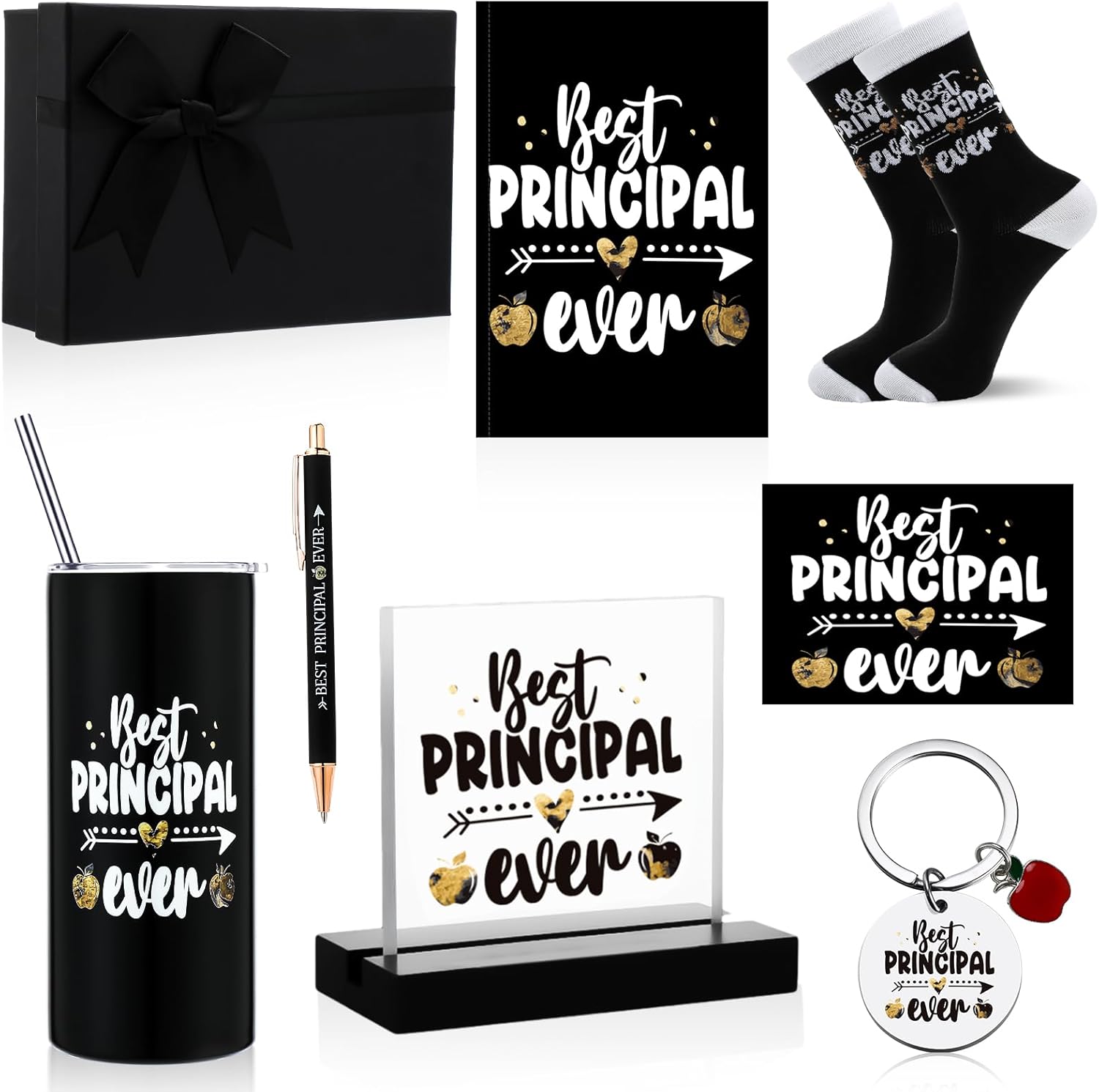 Marspark 8 Pcs Principal's Day Appreciation Gifts Set for Men Women 16 oz Tumbler with Lid Acrylic Desk Decorative Sign Notebook Pen Socks Cards Keychain for Principal's Day