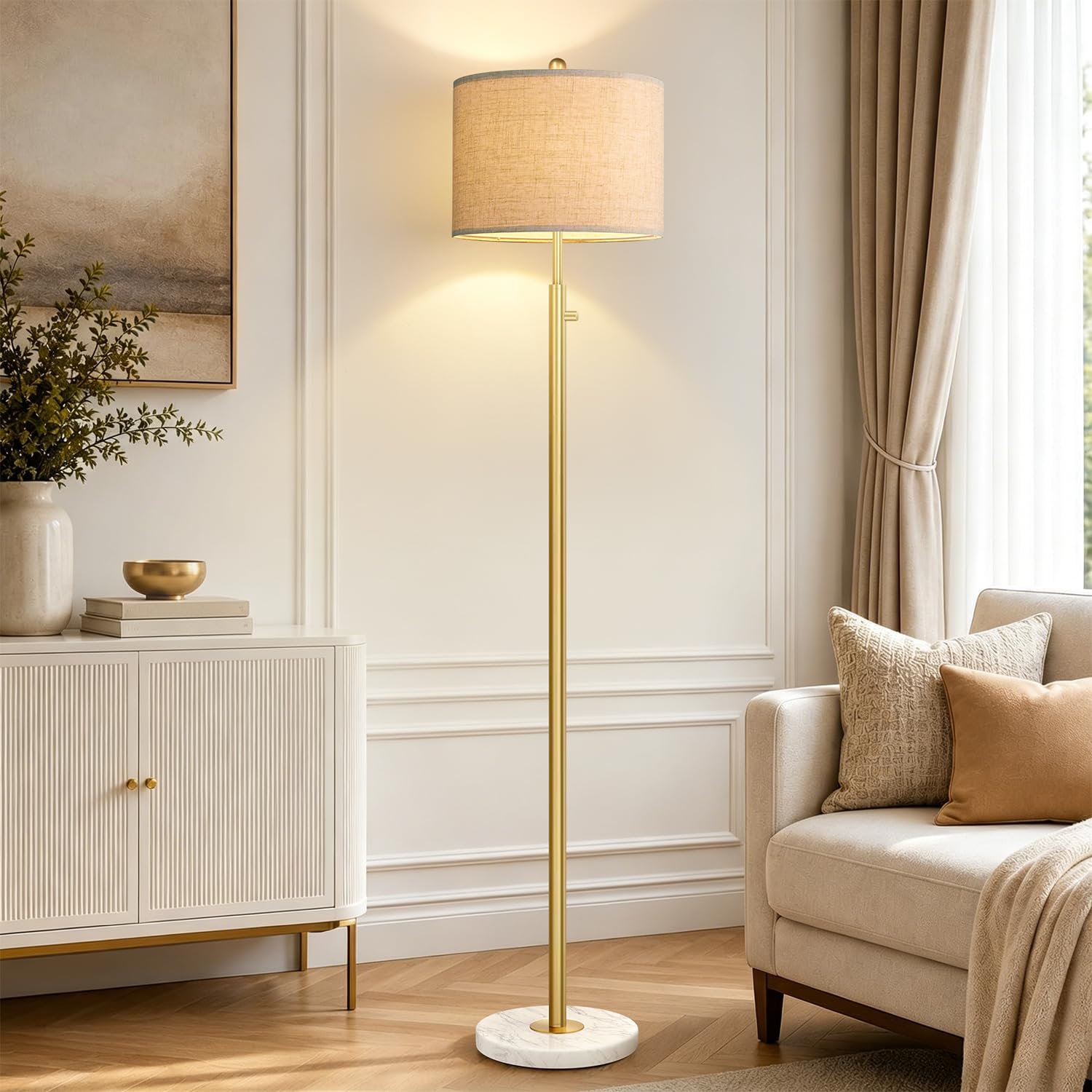 Photo 1 of ?Upgraded? Dimmable Floor Lamp for Living Room, 11W LED Bulb Included, Modern Standing Lamp with Marble Base, Tall Pole Light with Linen Shade for Bedroom Reading Office Corner Nursery-Brass Gold