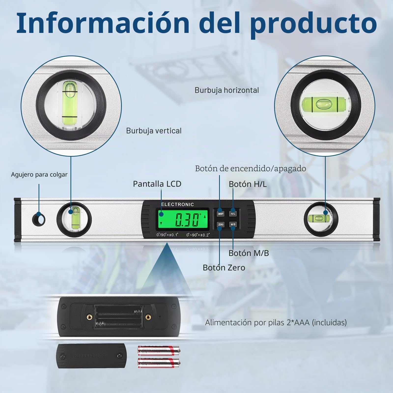 Nivel magnético digital, Allmeter 16 pulgadas, 4x90°0-360°, inclinómetro, buscador de ángulo, pantalla LCD de retroiluminación IP54, nivel de burbuja digital para carpintería, mampostería, automóvil