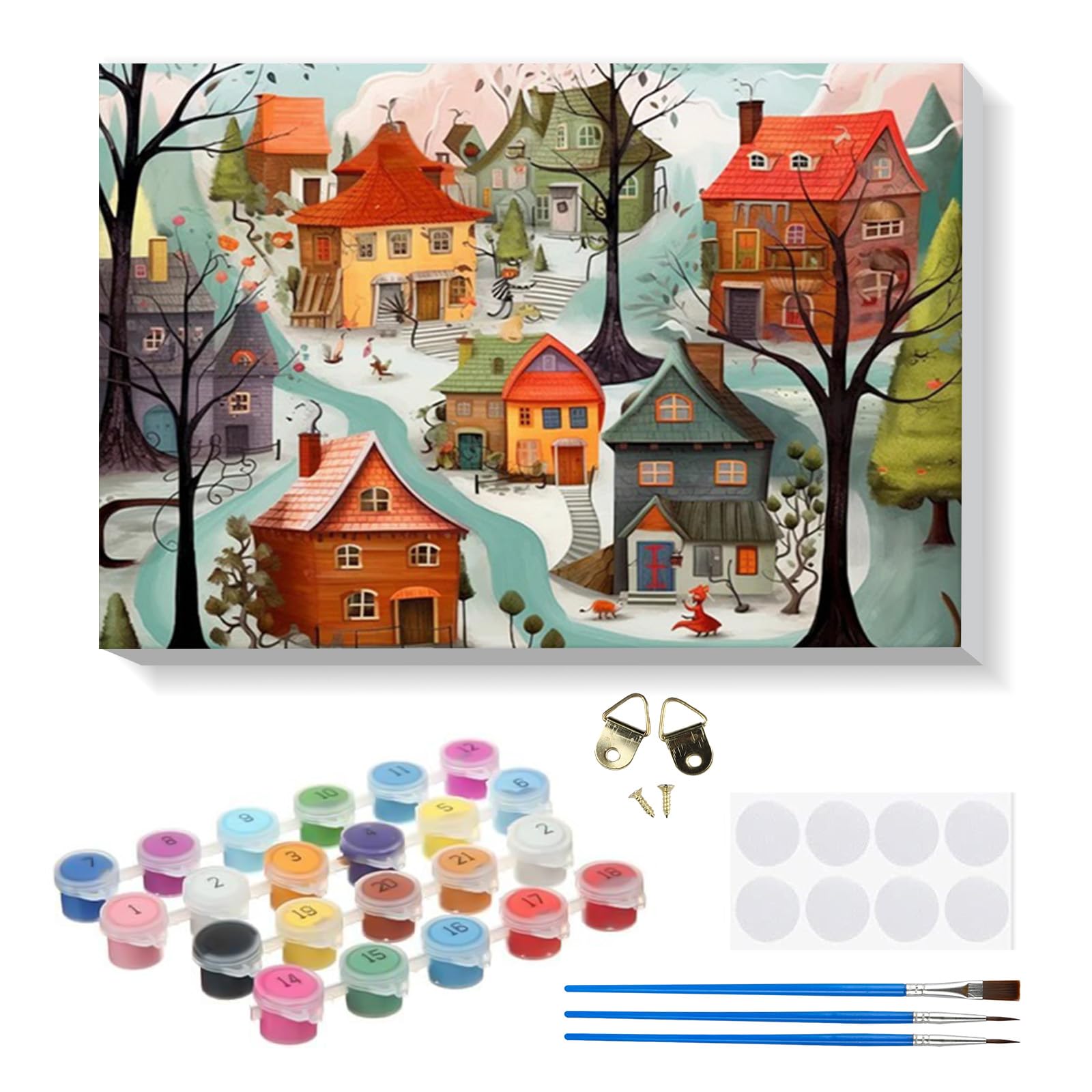 RICUVED Winterdorf Berge DIY Malset Erwachsene Malen nach Zahlen 20x30cm | DIY Malset Erwachsene – Malen nach Zahlen auf vorgespannter Leinwand mit Acrylfarben, kreatives Hobby dekoratives Wandbild
