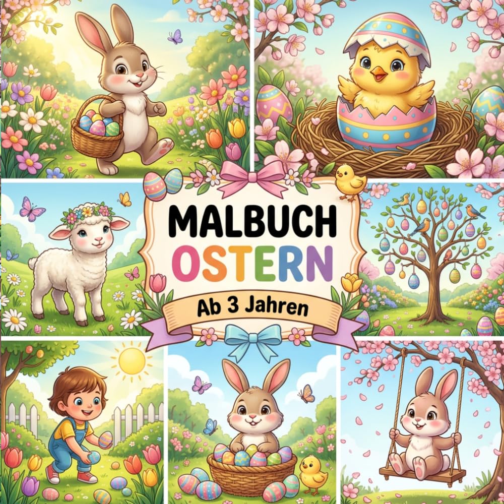 Malbuch Ostern für Kinder ab 3 Jahren — 40 Ausmalbilder: Osterhasen, Küken, Ostereier und Frühling | Kindermalbuch mit extra dicken Linien für Kleinkinder