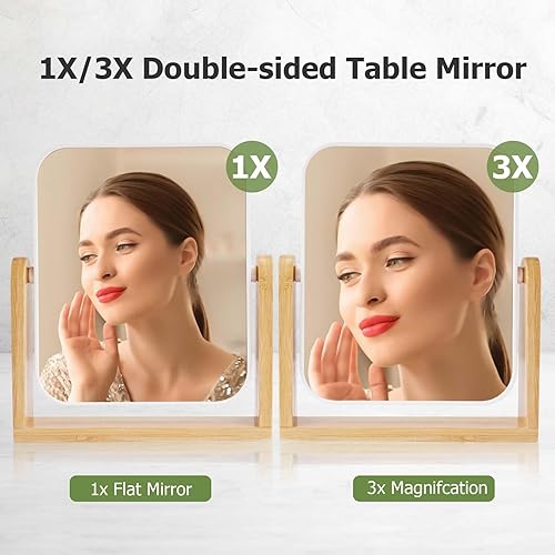 Miniatura 2 de Espejo de maquillaje de tocador con soporte de bambú natural, aumento 1X3X, espejo de aumento giratorio de 360 grados, espejo de aumento giratorio