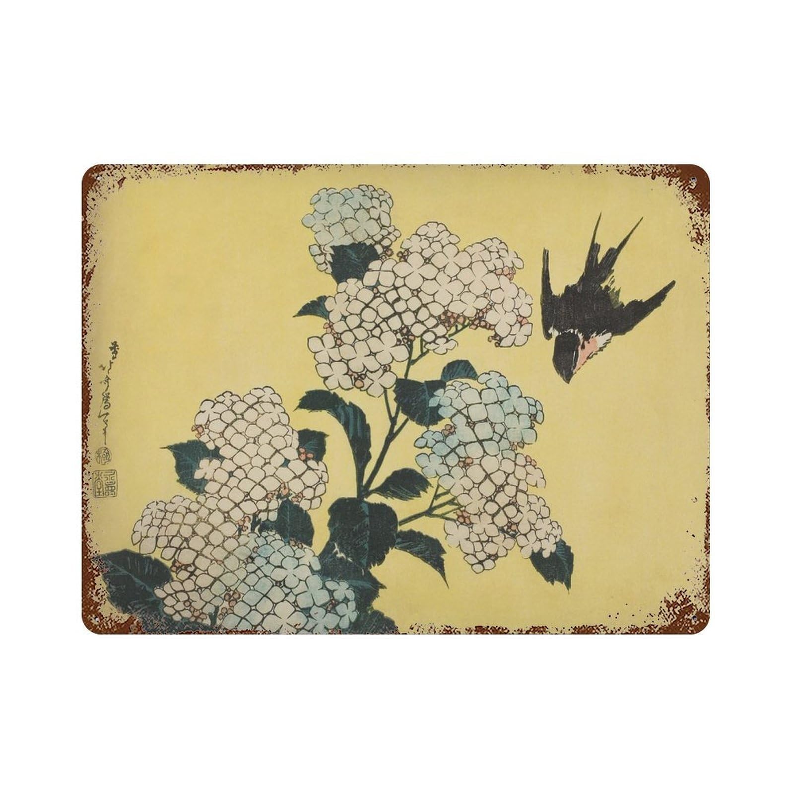 xiaoxiaoshen Japanese Woodblock Hydrangea And Sow Wall Decor Art Metal Tin Poster Modern Home Decor Art Home Bar Shop Decorations Vintage Sign 30x40cm