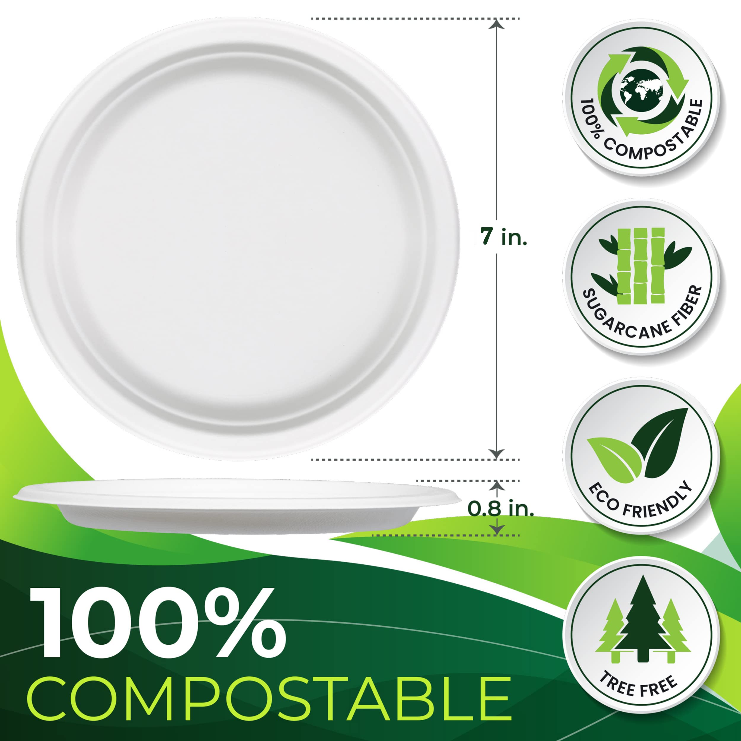 125 Stück 100 % kompostierbare Pappteller (17,8 cm), robuste Einwegteller, umweltfreundliche Vorspeiseteller, Dessertteller, biologisch abbaubare Teller aus Zuckerrohrfaser