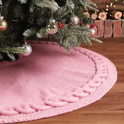 36-Inch Christmas Tree Skirt, Twisted Tie-Belt Knit Tree Skirt, Retro Rustic Far