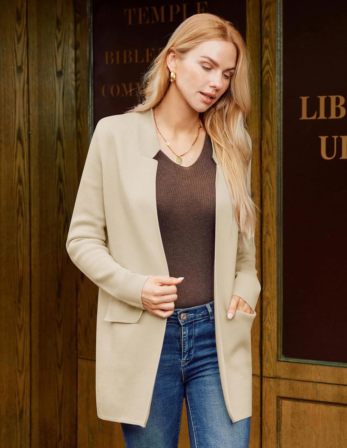 GRACE KARIN Women's 2025 Long Sleeve Open Front Knit Cardigan Notch Collar Sweater Blazer Jacket Fall Winter Clothing - Image 3