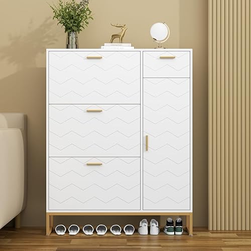 Miniatura 7 de Auromie Armario de almacenamiento de zapatos, organizador de zapatos independiente con 3 cajones abatibles, moderno zapatero con armario lateral