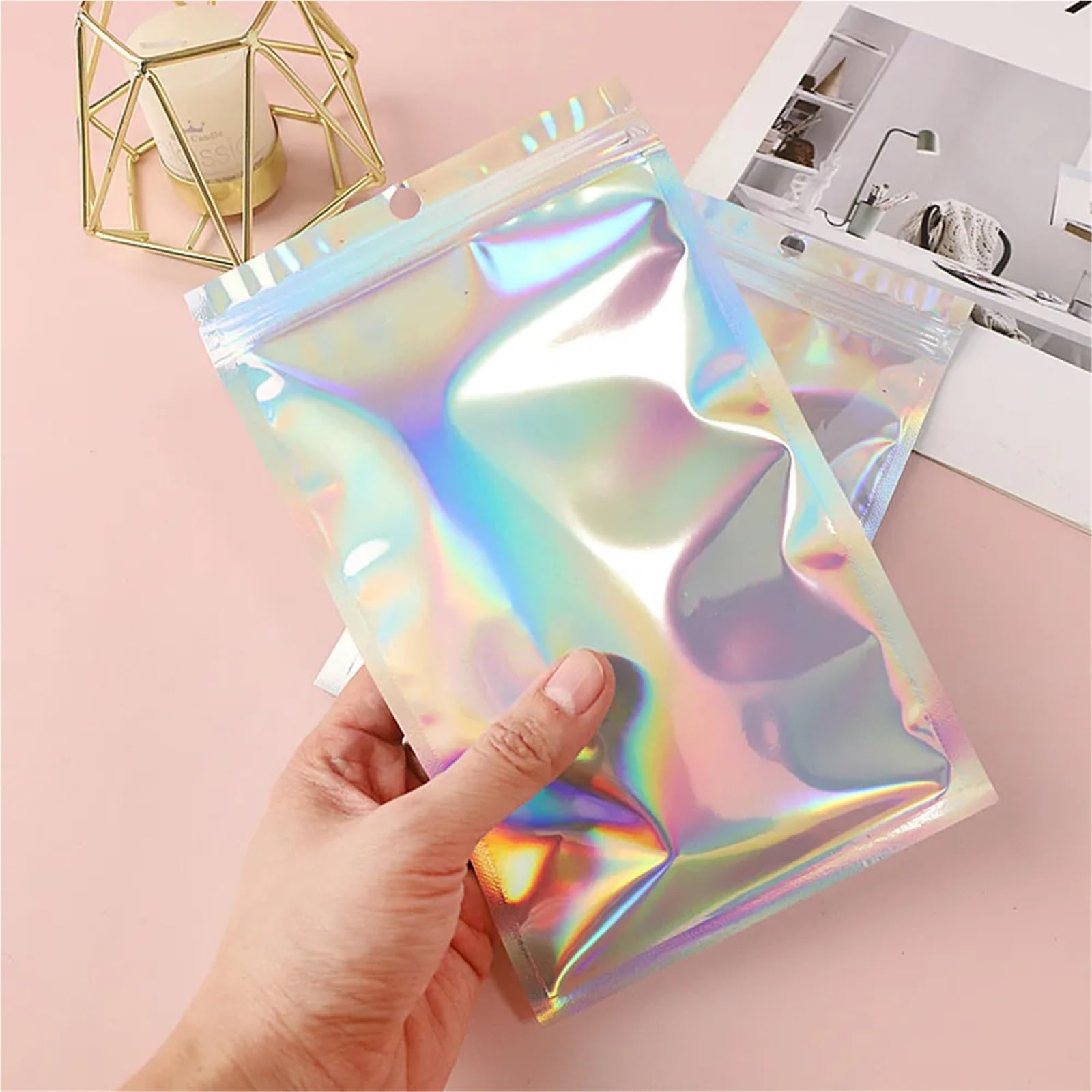 100 Sacchetti con Chiusura a Zip in Alluminio Laser con Parte Anteriore Trasparente - Sacchetto richiudibile con Cerniera Colorata olografica for Gioielli e Accessori(20x30cm 100pcs)