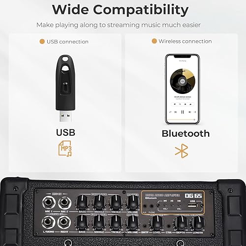 Miniatura 6 de Vangoa Amplificador electrónico inalámbrico profesional de 65 W, amplificador electrónico para batería de 3 bandas, EQ USB, monitor personal,