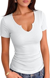 VICHYIE Women V Neck Ribbed Knit Fitted Casual Shirt