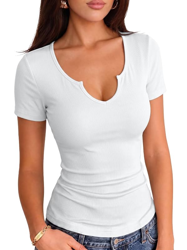 VICHYIE Women V Neck Ribbed Fitted Summer Short Sleeve Shirt White S by VICHYIE - Used condition - US$8.99