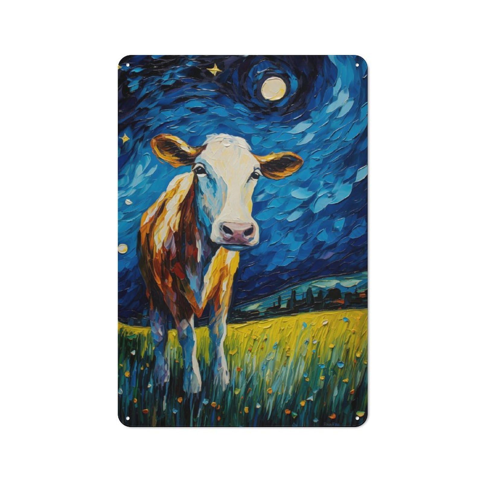 Junmoney The Starry Night Cow Retro Metal Plaque 30X20cm For Dining Room Or Kitchen, For Home Interiors, Feature Walls And Decorative Displays