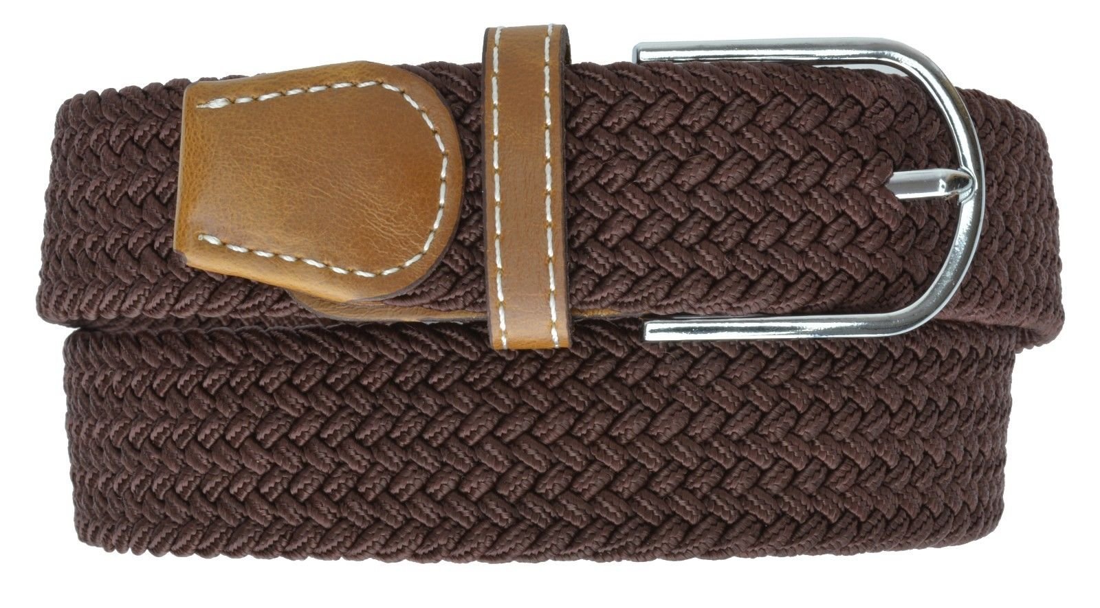 New Mens Leather Braided Elastic Stretch Cross Buckle Casual Belt (Brown)