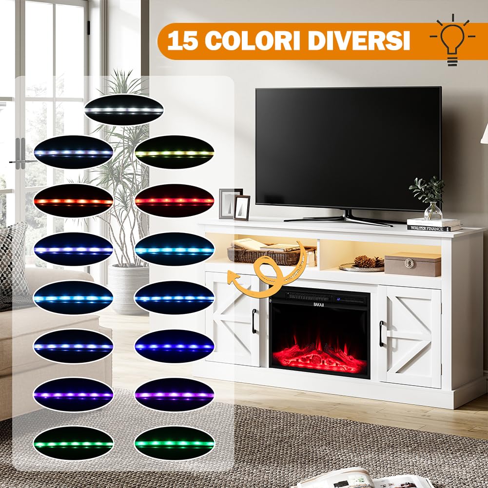 BAKAJI Mobile Tv per Soggiorno in Legno Bianco con Camino Elettrico, Madia a 2 Ante con Caminetto 1800W Completo di Mobile, Riscaldamento Due Potenze, Protezione Surriscaldamento e 15 Colori Luci Led