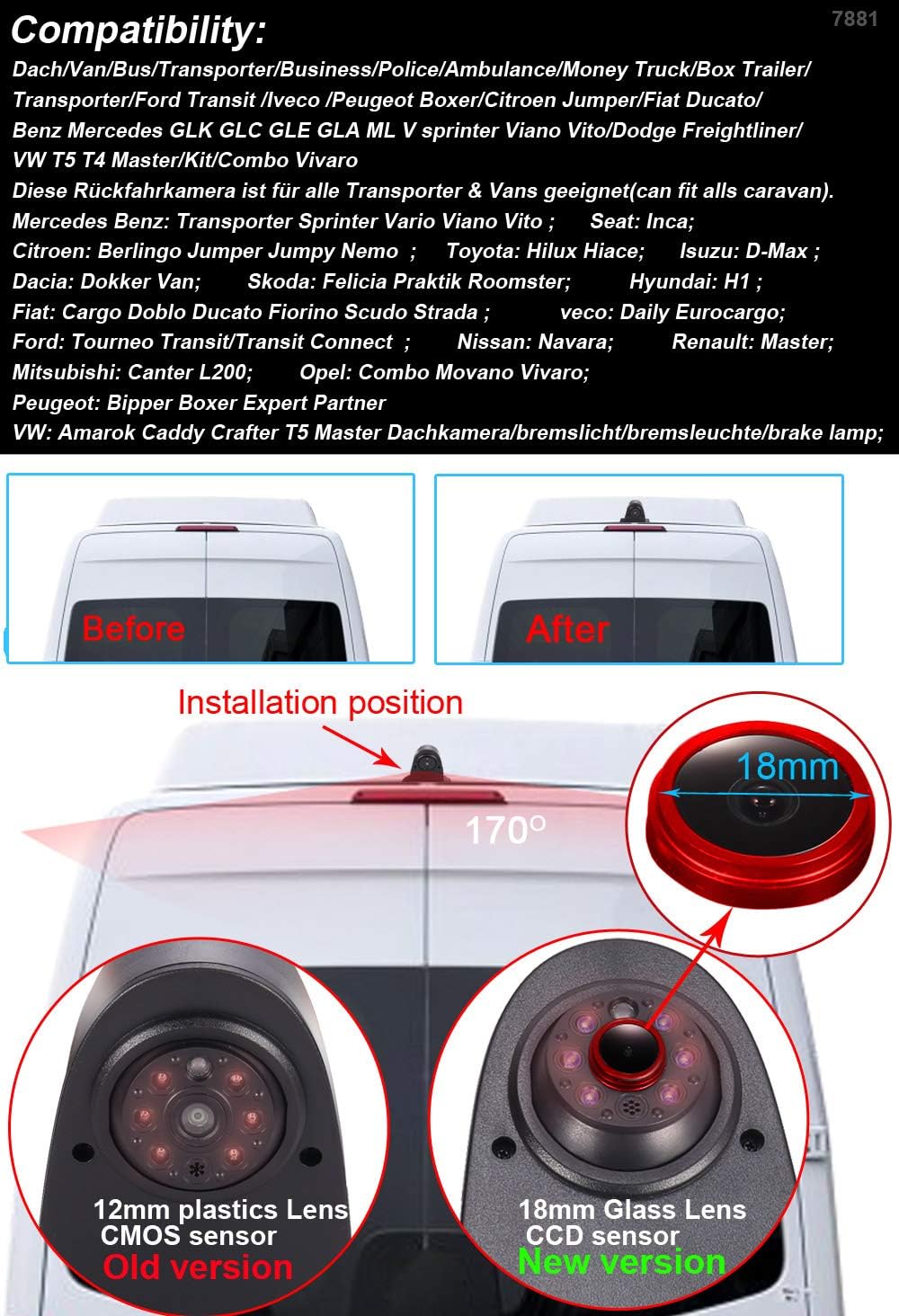 1280x720 Pixels 3rd Brake Light Reverse Camera Parking for sprinter vito viano Citroen Dacia Fiat Ford Hyundai Isuzu Iveco Mitsubishi Nissan Peugeot Seat skoda Toyota VW crafter T5+4.3"Reverse Screen