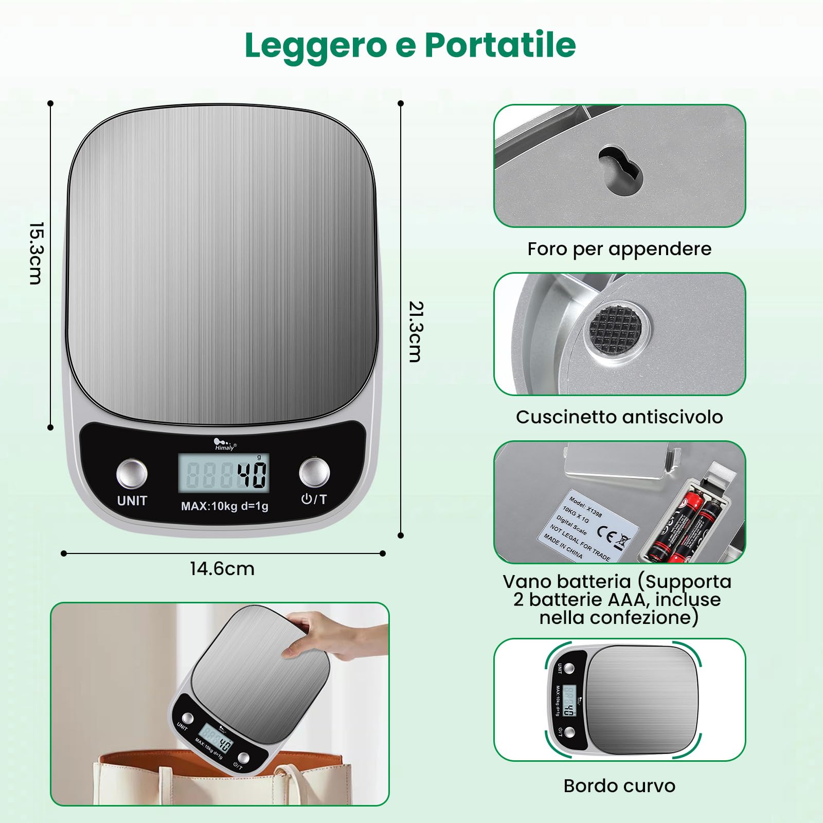 Himaly Bilancia da Cucina Digitale, 10Kg/1g Bilancia Elettronica Alta Precisione Misurazione Display LCD Multifunzione Bilancia da Cucina Professionale, Acciaio Inossidabile + ABS, Grigio Argento