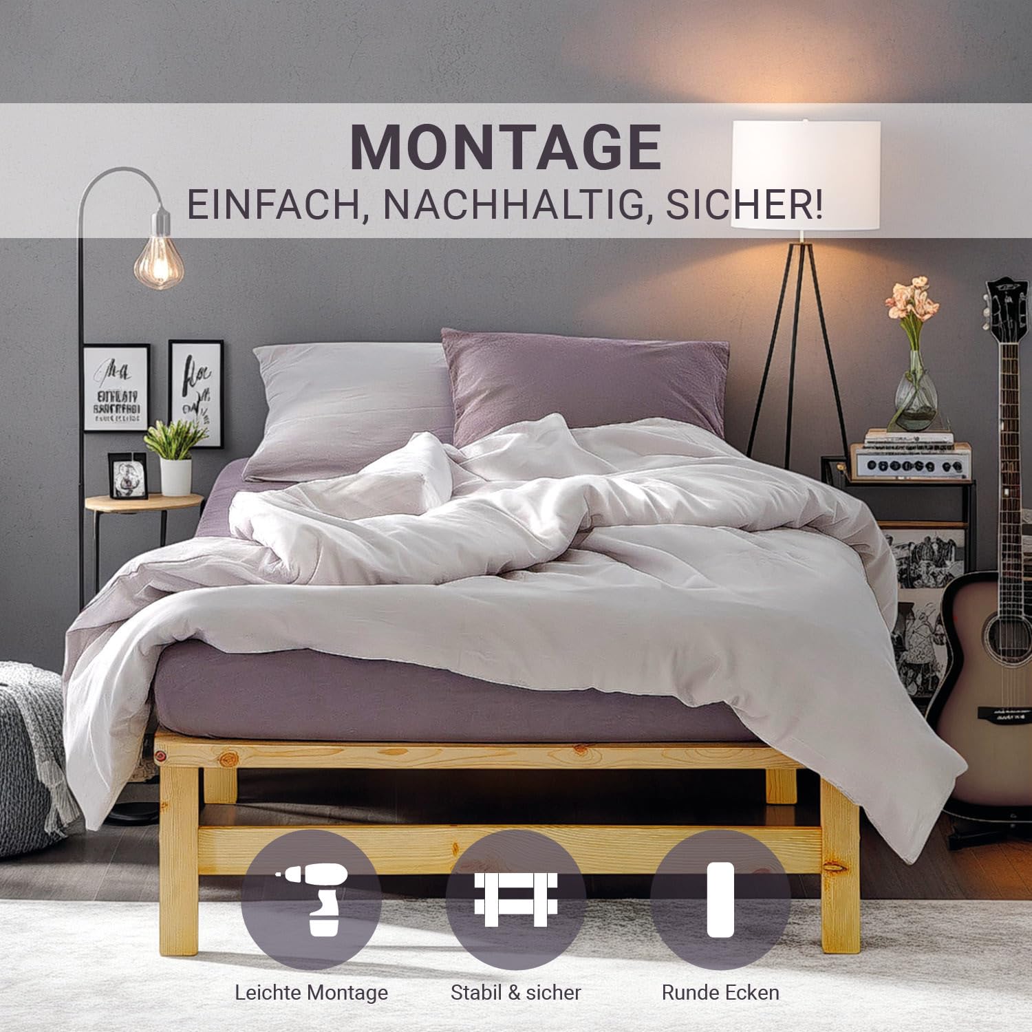 Homestyle4u Holzbett 90x200 mit Matratze & Lattenrost – Kiefer | Massivholz Einzelbett im Palettenbett-Stil – naturbelassen, inkl. Komfortschaummatratze (H2), allergiker-freundlich