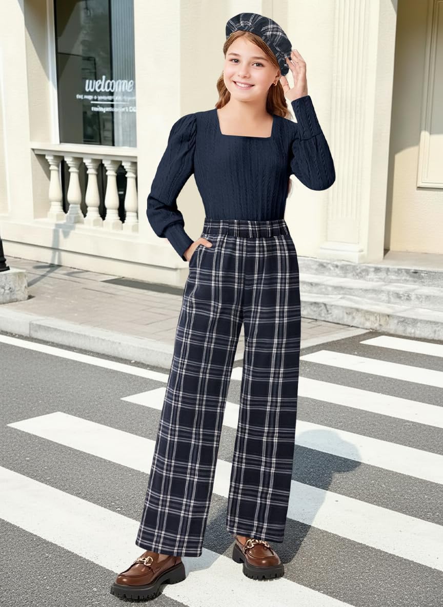 Teen Girl Clothes Girls Outfits 3Pcs Square Neck Puff Sleeve Top Wide Leg Plaid Pants Kids Clothes Fall 6-14Y - Image 2