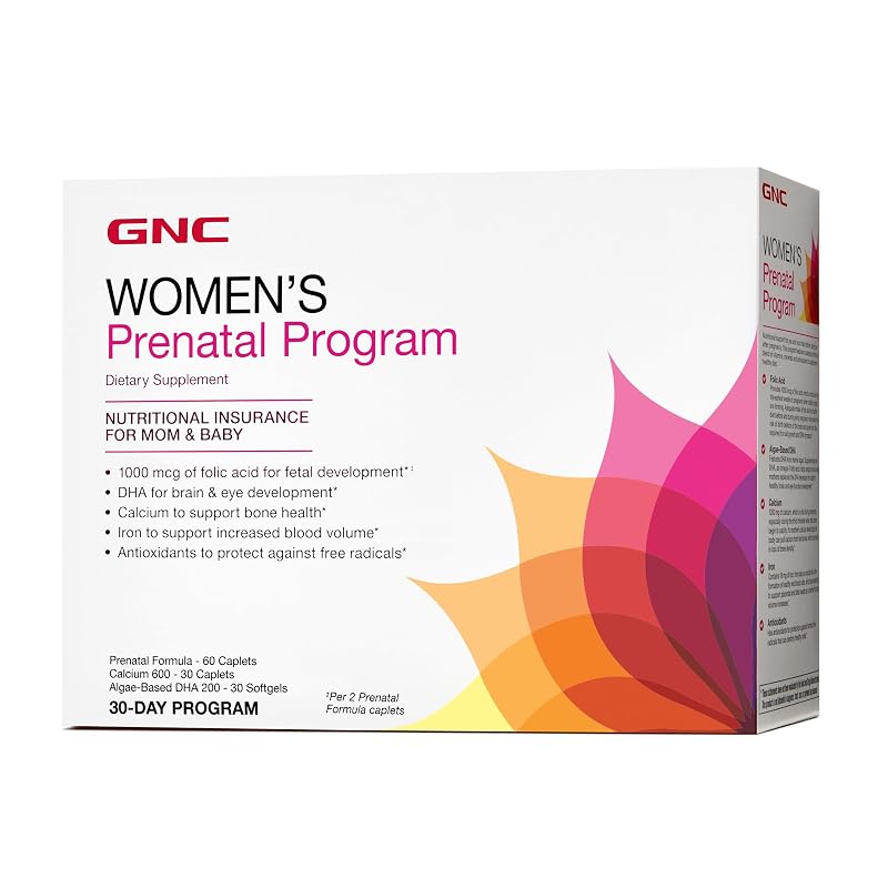 GNC Programa pré-natal feminino com cálcio, ferro, zinco e DHA de algas, 30 pacotes